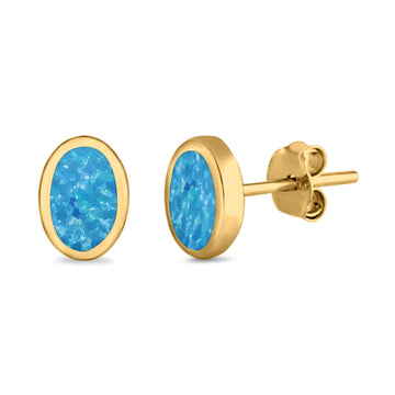 Solitaire Oval Stud Earrings Yellow Tone, Lab Created Blue Opal 925 Sterling Silver